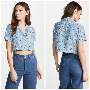 🆕 Faithful‎ the Brand Women's Uma Blue Floral Cropped Shirt Buttons Up Size 10
